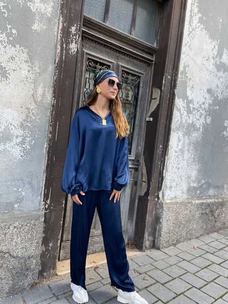 Pantalon fluide bleu satiné MAXI