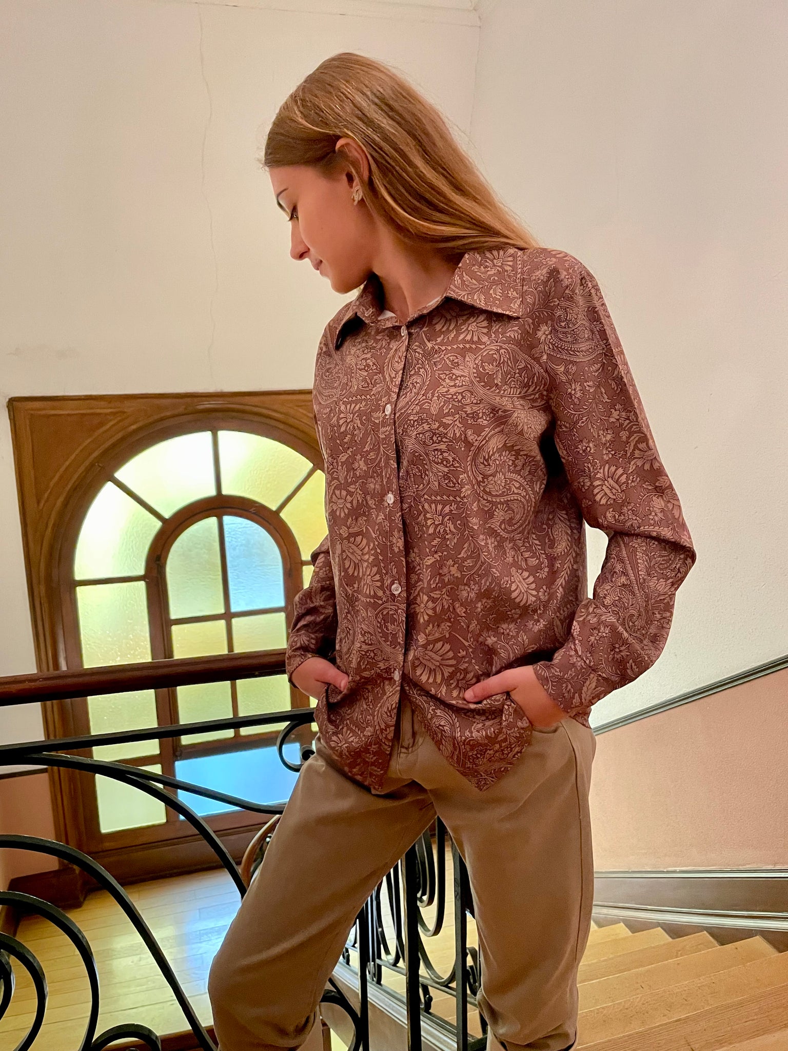 Chemise camel/beige à motifs MIRA