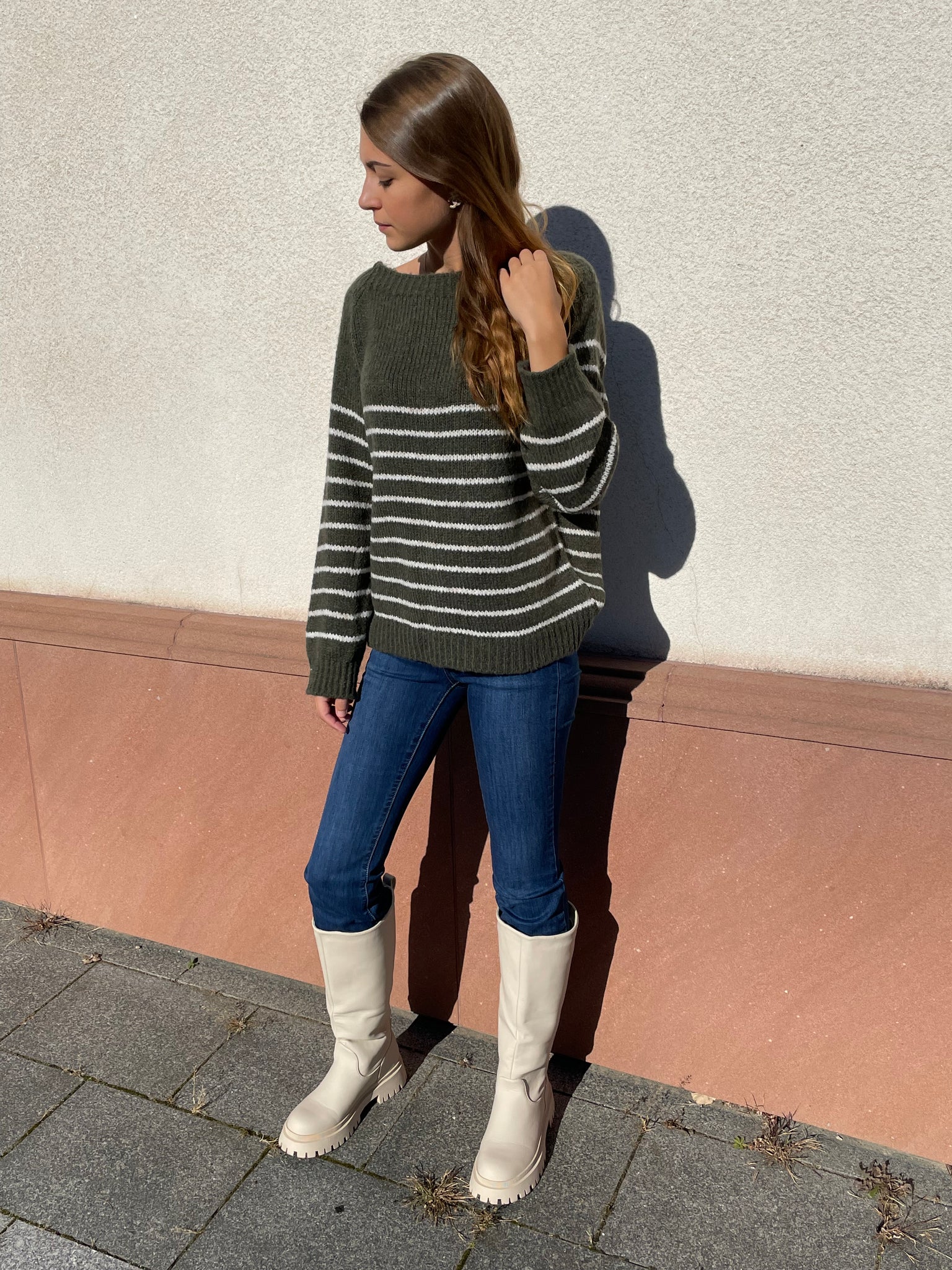 Pull marinière kaki-blanc MARINE