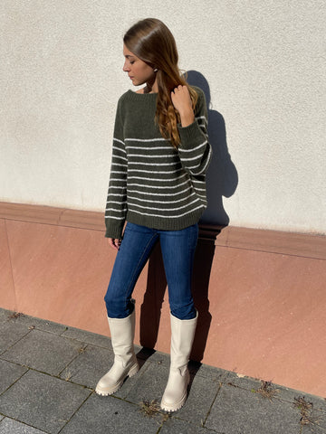 Pull marinière kaki-blanc MARINE