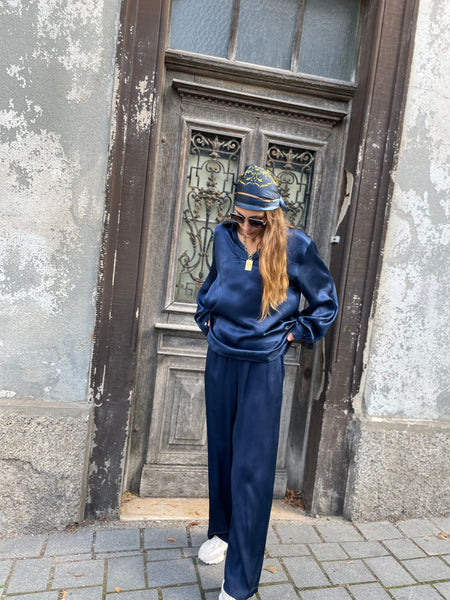 Pantalon fluide bleu satiné MAXI