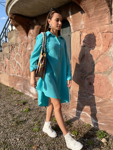 Robe turquoise gaze de coton MELY